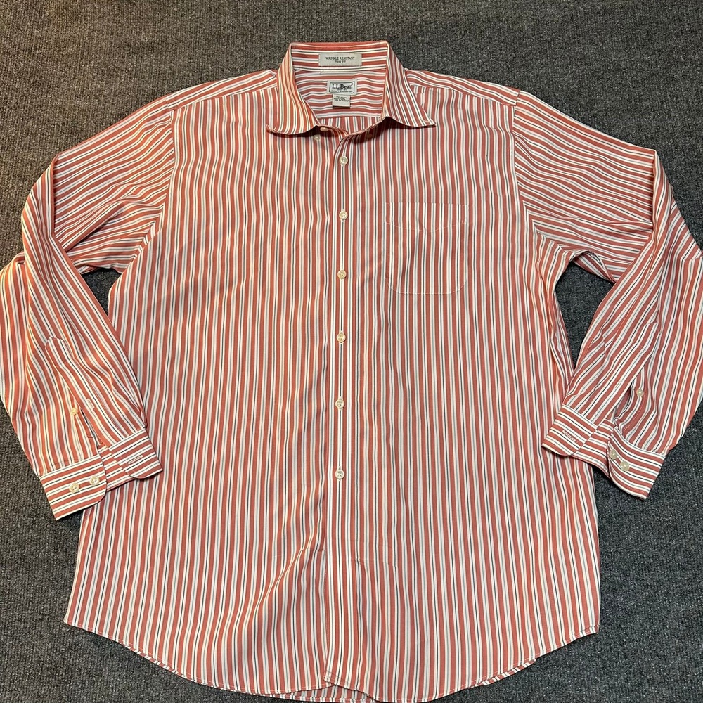 LL Bean Mens Large Trim Fit Wrinkle Resistant Striped Button Down Shirt Orange